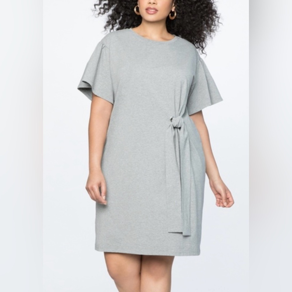 ELOQUII Frilly Sleeve Gray T-Shirt Dress with Tie, Size 14/16